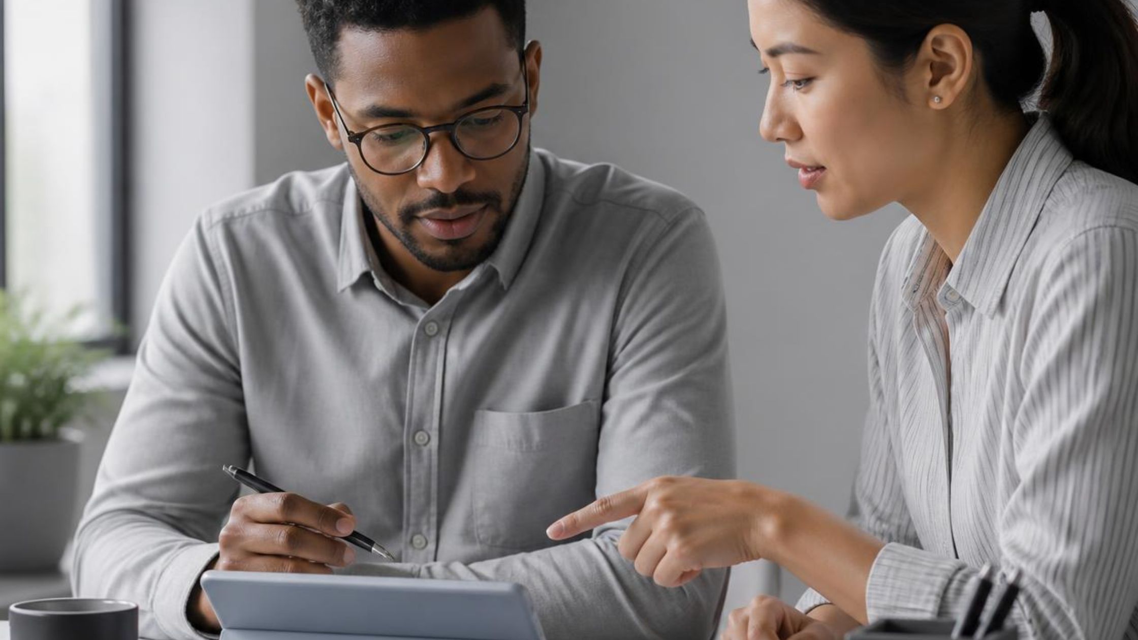 Man and woman planning tasks at a desk