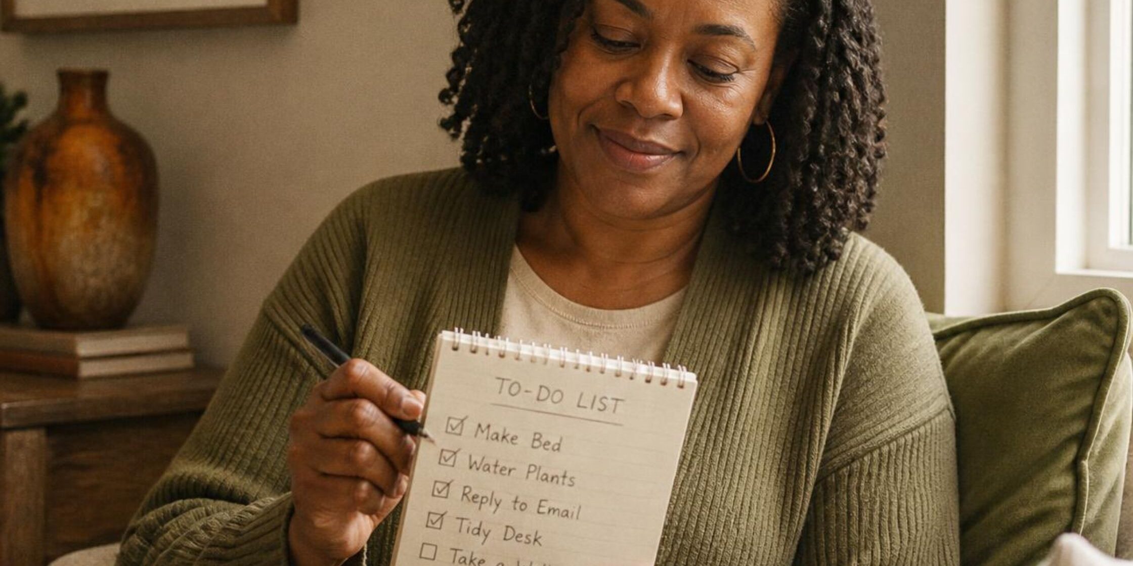 Woman overcoming laziness by ticking off small tasks on a to-do list