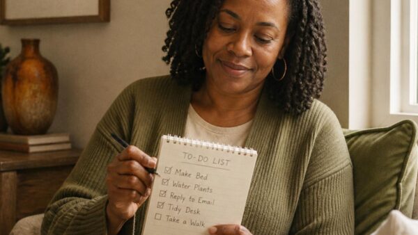 Woman overcoming laziness by ticking off small tasks on a to-do list