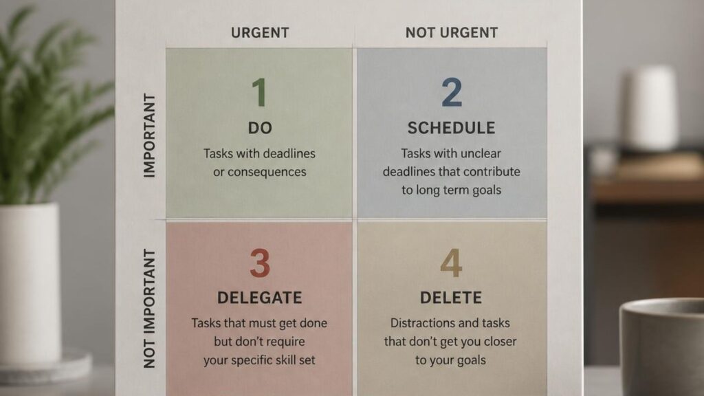 Eisenhower Matrix chart showing four quadrants for prioritising tasks by urgency and importance.