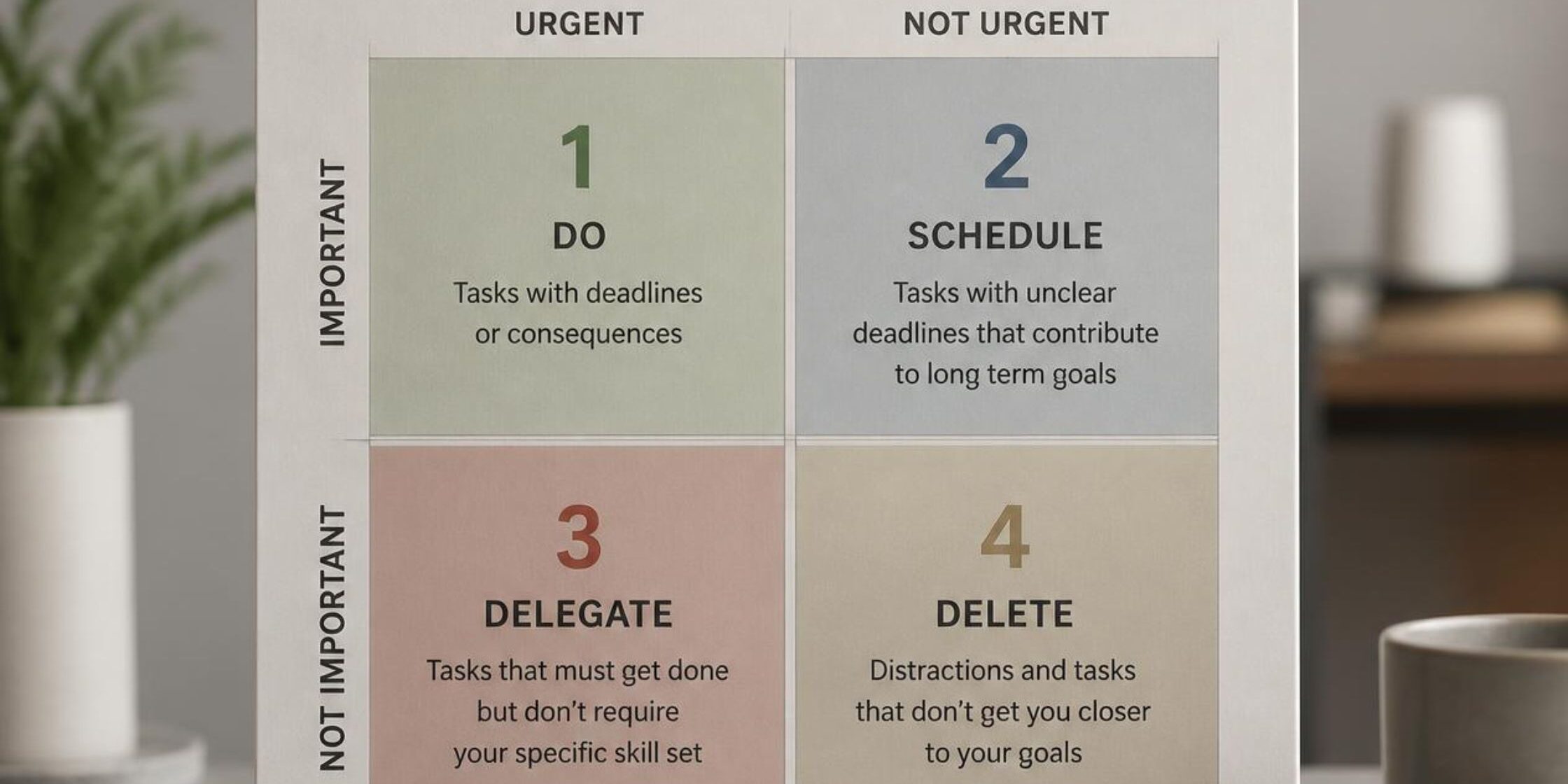 Eisenhower Matrix chart showing four quadrants for prioritising tasks by urgency and importance.