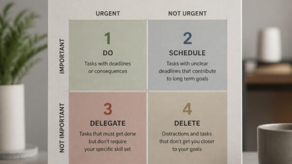 Eisenhower Matrix chart showing four quadrants for prioritising tasks by urgency and importance.