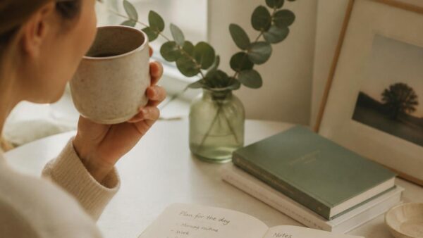 Learn from this woman in planning your day in a notebook with a cup of coffee.