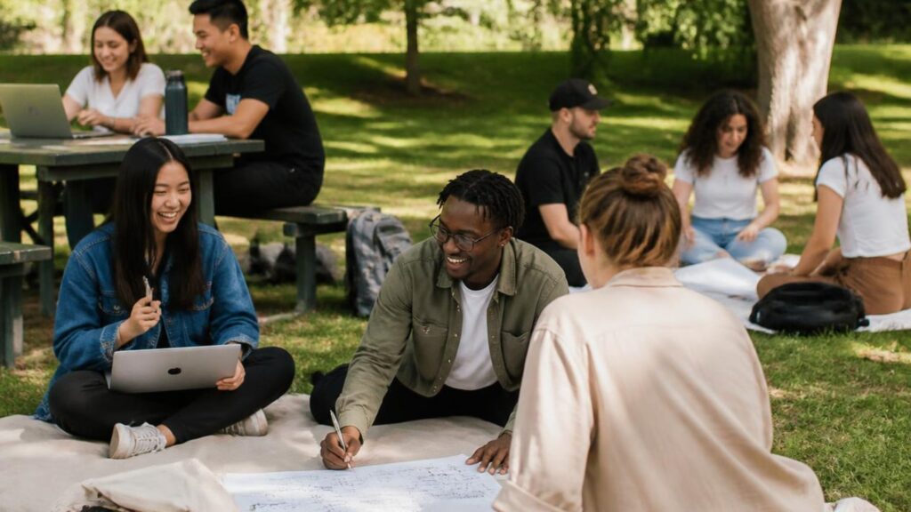 People gather in a group to make productivity fun.