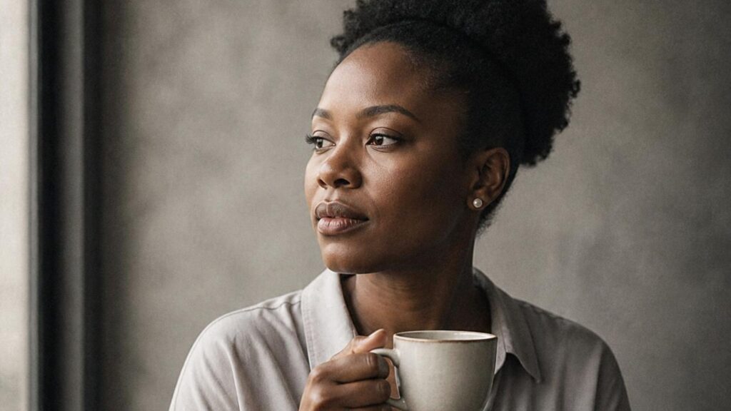 African woman stay focused while holding coffee.
