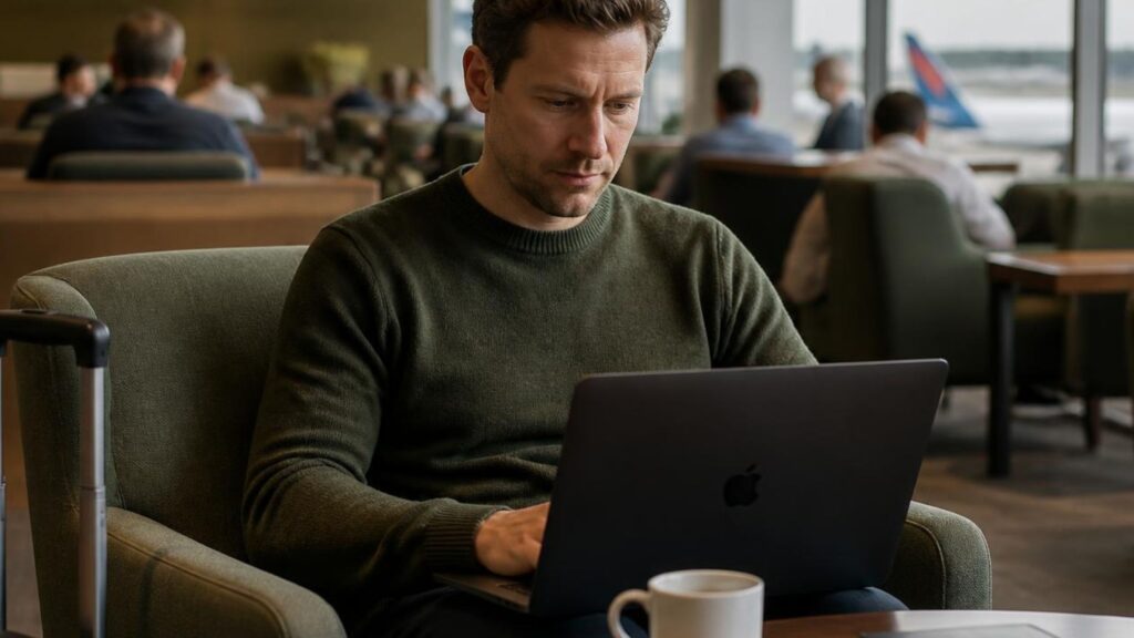 Person working on a laptop in an airport lounge to stay productive while travelling.
