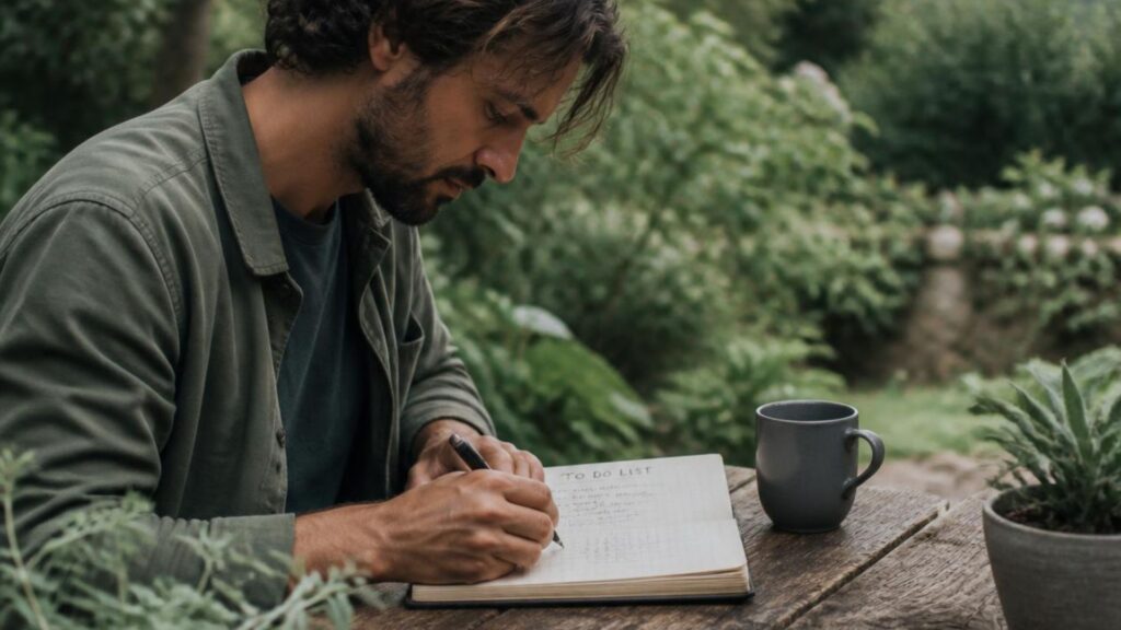 Man working on to-do-list like Tharun stays productive